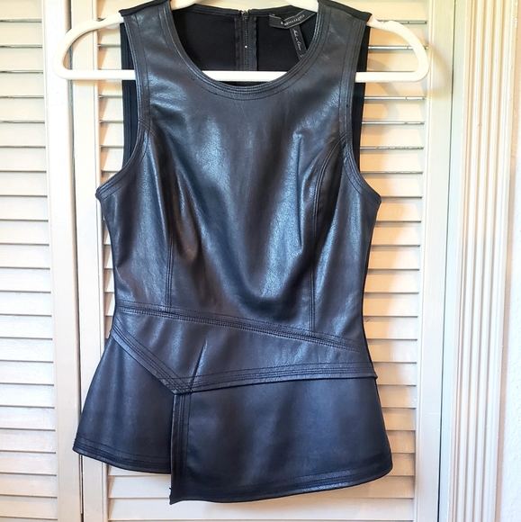 🌱 BCBGMaxAzria Faux Leather Sleeveless Peplum Top Black Sz XXS - Picture 2 of 10